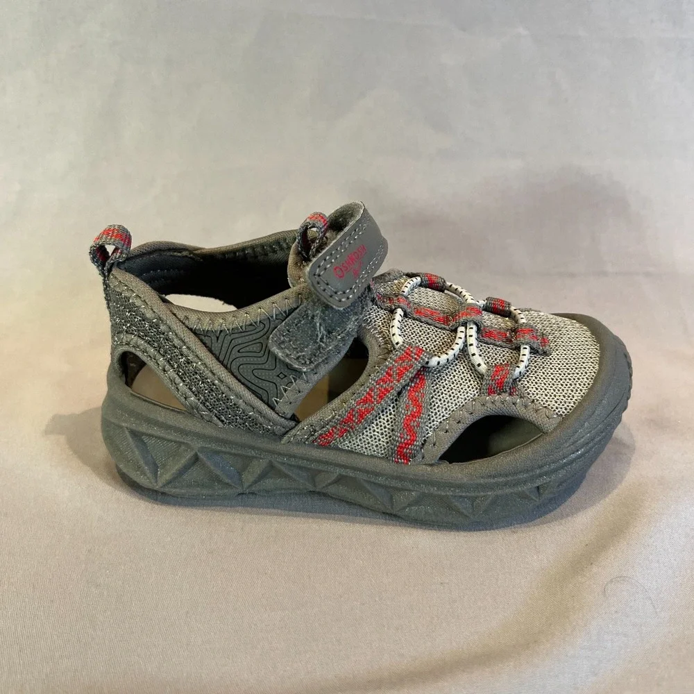 Oshkosh B'Gosh Abe Play Toddler 8 M Strappy Gray Red Textile Closed Toe Sandals